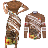 Kingdom Of Tonga Emancipation Day Couples Matching Short Sleeve Bodycon Dress and Long Sleeve Button Shirt Tongan Ngatu With Kumete Brown LT14 Brown - Polynesian Pride