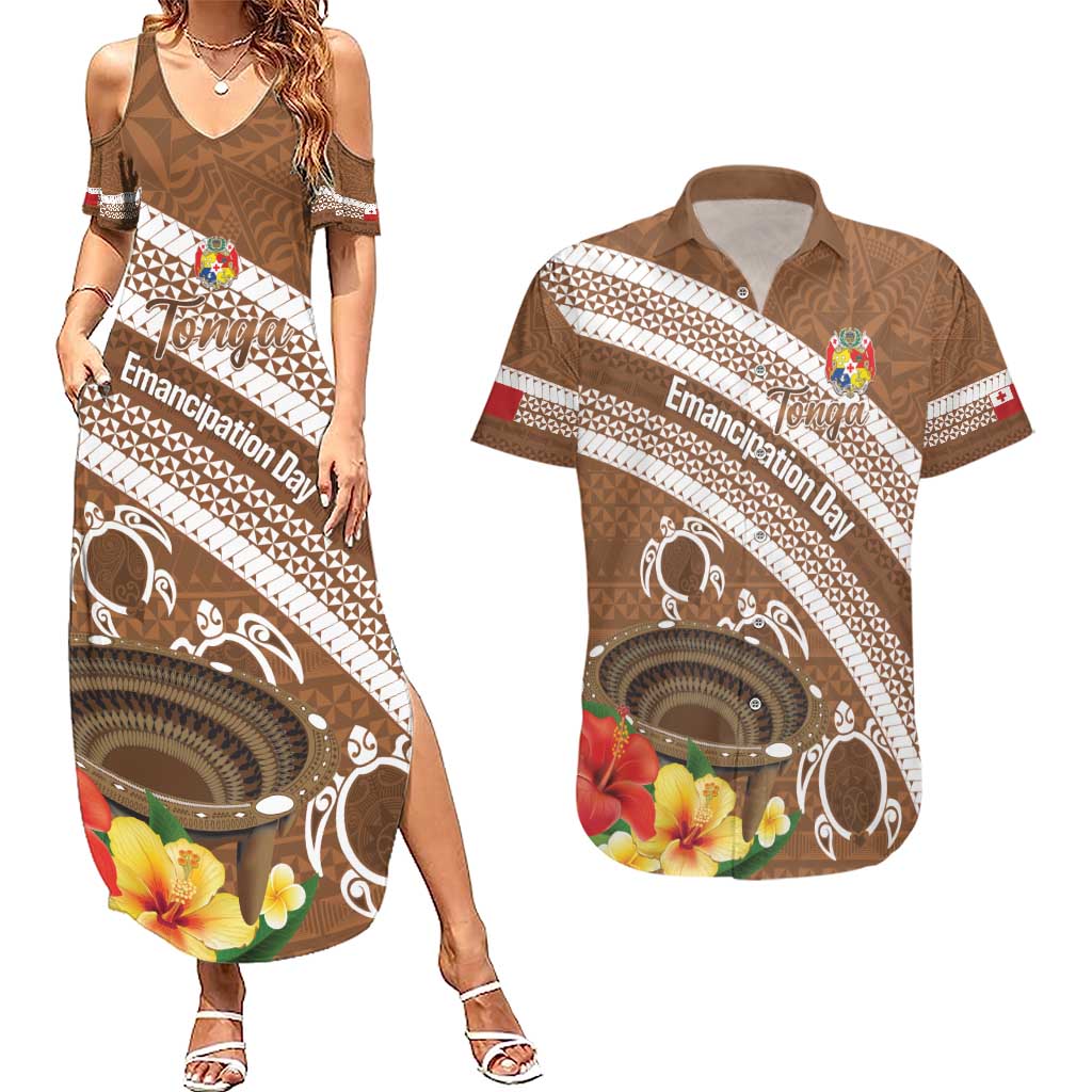 Kingdom Of Tonga Emancipation Day Couples Matching Summer Maxi Dress and Hawaiian Shirt Tongan Ngatu With Kumete Brown LT14 Brown - Polynesian Pride