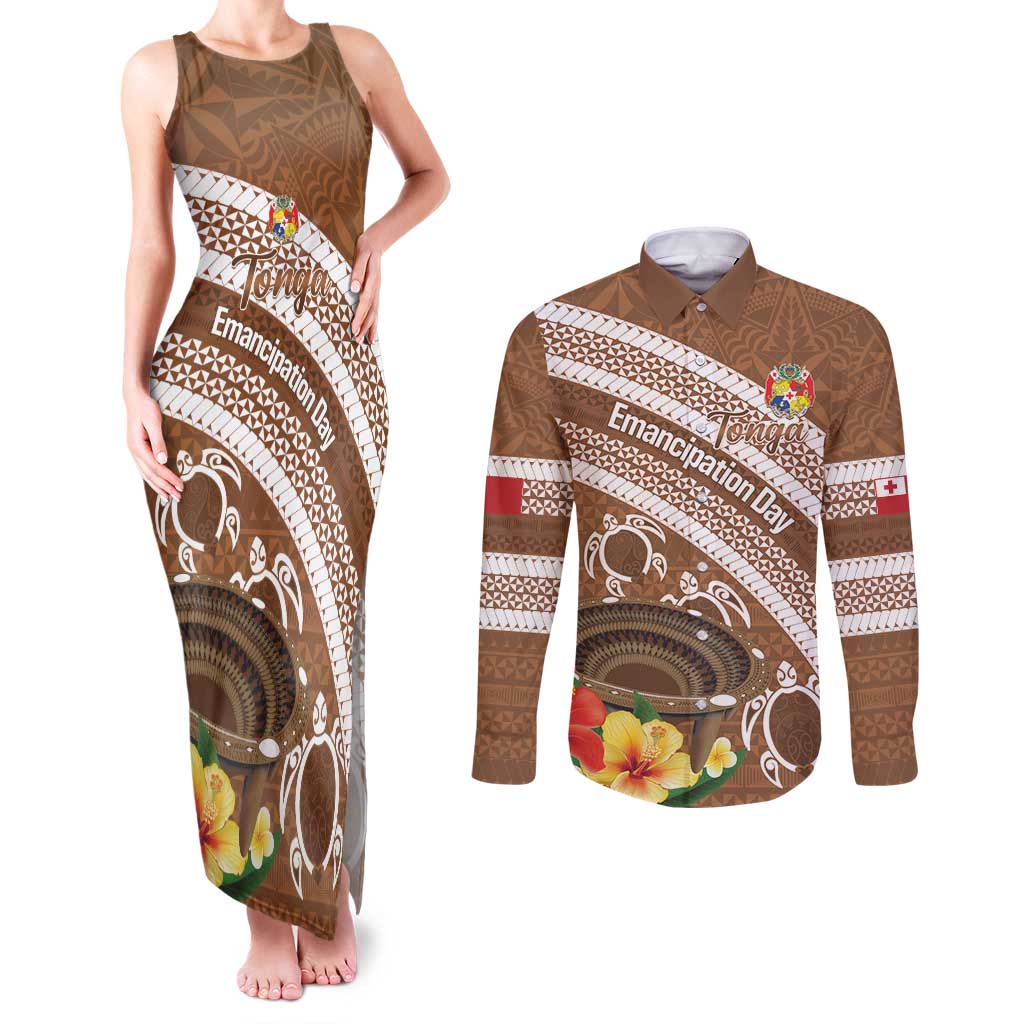 Kingdom Of Tonga Emancipation Day Couples Matching Tank Maxi Dress and Long Sleeve Button Shirt Tongan Ngatu With Kumete Brown LT14 Brown - Polynesian Pride