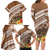Kingdom Of Tonga Emancipation Day Family Matching Long Sleeve Bodycon Dress and Hawaiian Shirt Tongan Ngatu With Kumete Brown LT14 - Polynesian Pride