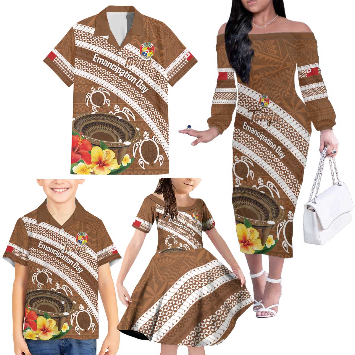 Kingdom Of Tonga Emancipation Day Family Matching Off The Shoulder Long Sleeve Dress and Hawaiian Shirt Tongan Ngatu With Kumete Brown LT14 - Polynesian Pride
