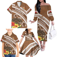 Kingdom Of Tonga Emancipation Day Family Matching Off The Shoulder Long Sleeve Dress and Hawaiian Shirt Tongan Ngatu With Kumete Brown LT14 - Polynesian Pride