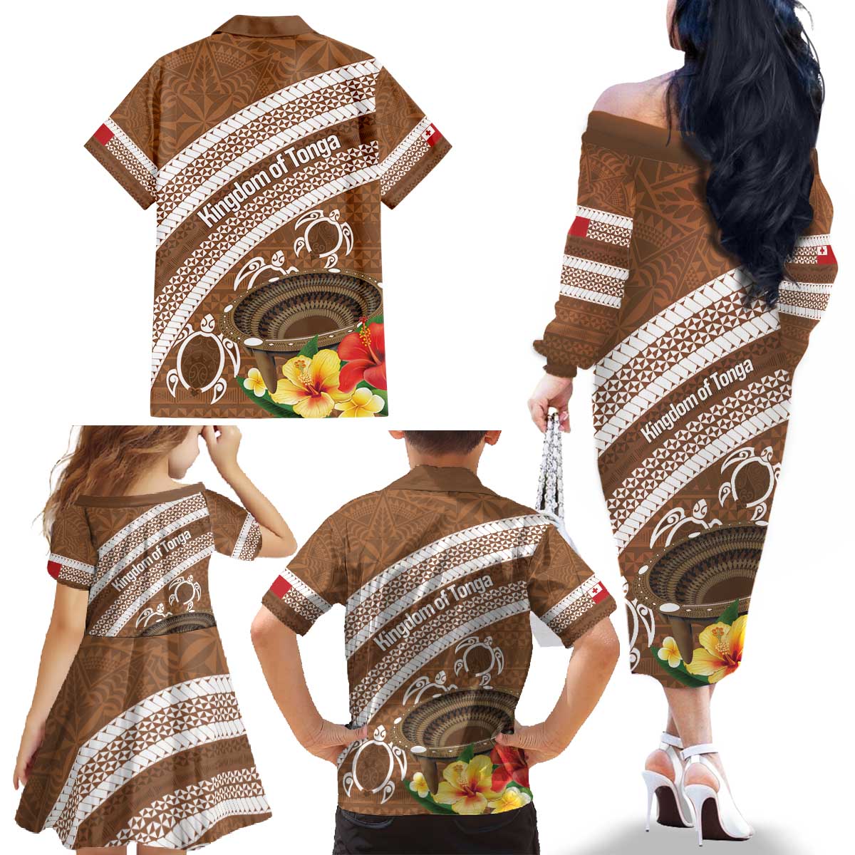 Kingdom Of Tonga Emancipation Day Family Matching Off The Shoulder Long Sleeve Dress and Hawaiian Shirt Tongan Ngatu With Kumete Brown LT14 - Polynesian Pride