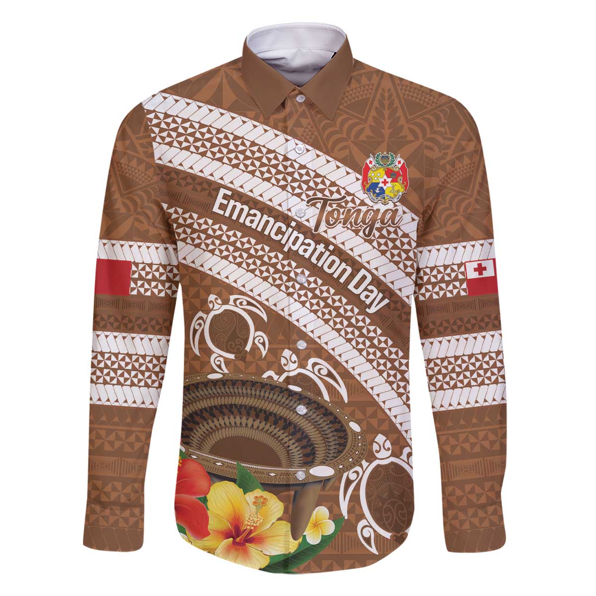 Kingdom Of Tonga Emancipation Day Family Matching Off The Shoulder Long Sleeve Dress and Hawaiian Shirt Tongan Ngatu With Kumete Brown LT14 Dad's Shirt - Long Sleeve Brown - Polynesian Pride
