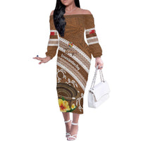 Kingdom Of Tonga Emancipation Day Family Matching Off The Shoulder Long Sleeve Dress and Hawaiian Shirt Tongan Ngatu With Kumete Brown LT14 Mom's Dress Brown - Polynesian Pride