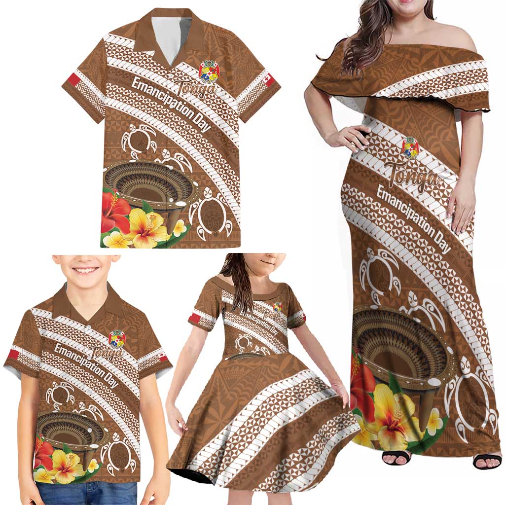 Kingdom Of Tonga Emancipation Day Family Matching Off Shoulder Maxi Dress and Hawaiian Shirt Tongan Ngatu With Kumete Brown LT14 - Polynesian Pride