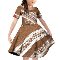 Kingdom Of Tonga Emancipation Day Family Matching Off Shoulder Short Dress and Hawaiian Shirt Tongan Ngatu With Kumete Brown LT14 Daughter's Dress Brown - Polynesian Pride