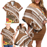 Kingdom Of Tonga Emancipation Day Family Matching Off Shoulder Short Dress and Hawaiian Shirt Tongan Ngatu With Kumete Brown LT14 - Polynesian Pride