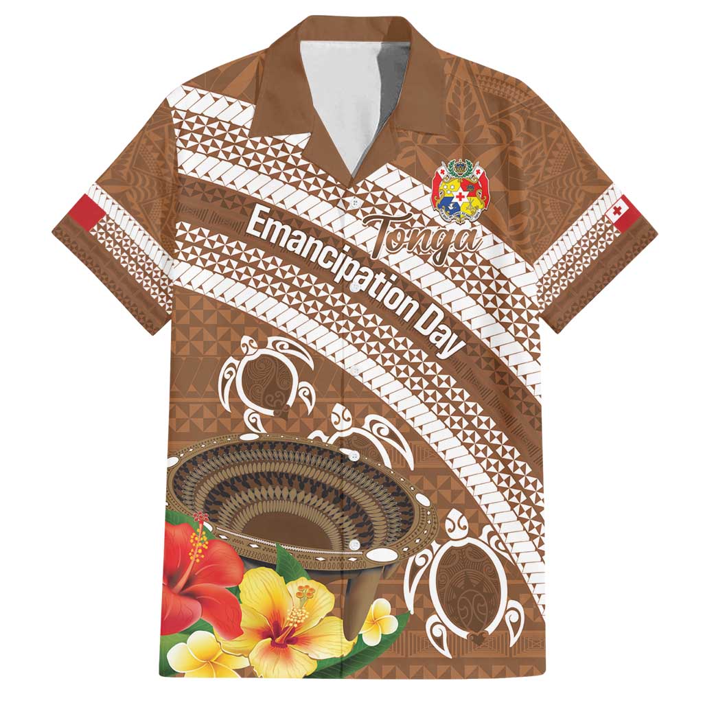 Kingdom Of Tonga Emancipation Day Family Matching Off Shoulder Short Dress and Hawaiian Shirt Tongan Ngatu With Kumete Brown LT14 Dad's Shirt - Short Sleeve Brown - Polynesian Pride