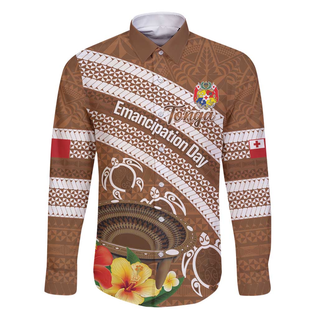 Kingdom Of Tonga Emancipation Day Family Matching Off Shoulder Short Dress and Hawaiian Shirt Tongan Ngatu With Kumete Brown LT14 Dad's Shirt - Long Sleeve Brown - Polynesian Pride