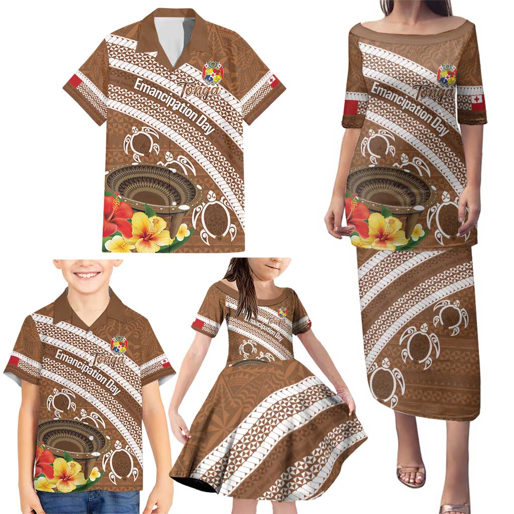 Kingdom Of Tonga Emancipation Day Family Matching Puletasi and Hawaiian Shirt Tongan Ngatu With Kumete Brown LT14 - Polynesian Pride