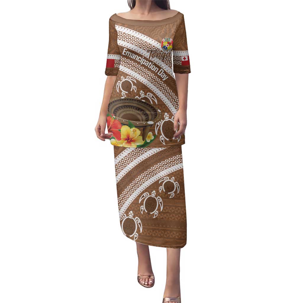 Kingdom Of Tonga Emancipation Day Family Matching Puletasi and Hawaiian Shirt Tongan Ngatu With Kumete Brown LT14 Mom's Dress Brown - Polynesian Pride