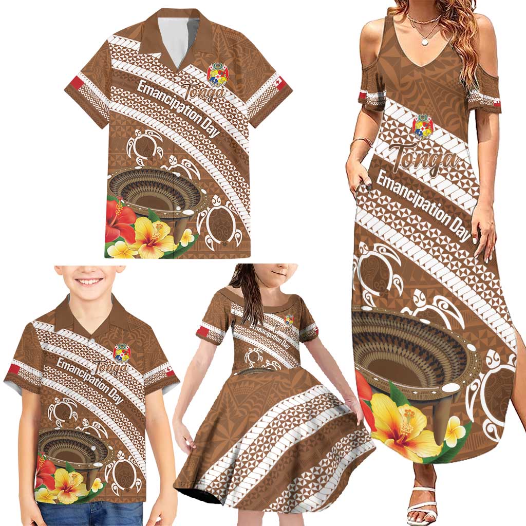 Kingdom Of Tonga Emancipation Day Family Matching Summer Maxi Dress and Hawaiian Shirt Tongan Ngatu With Kumete Brown LT14 - Polynesian Pride