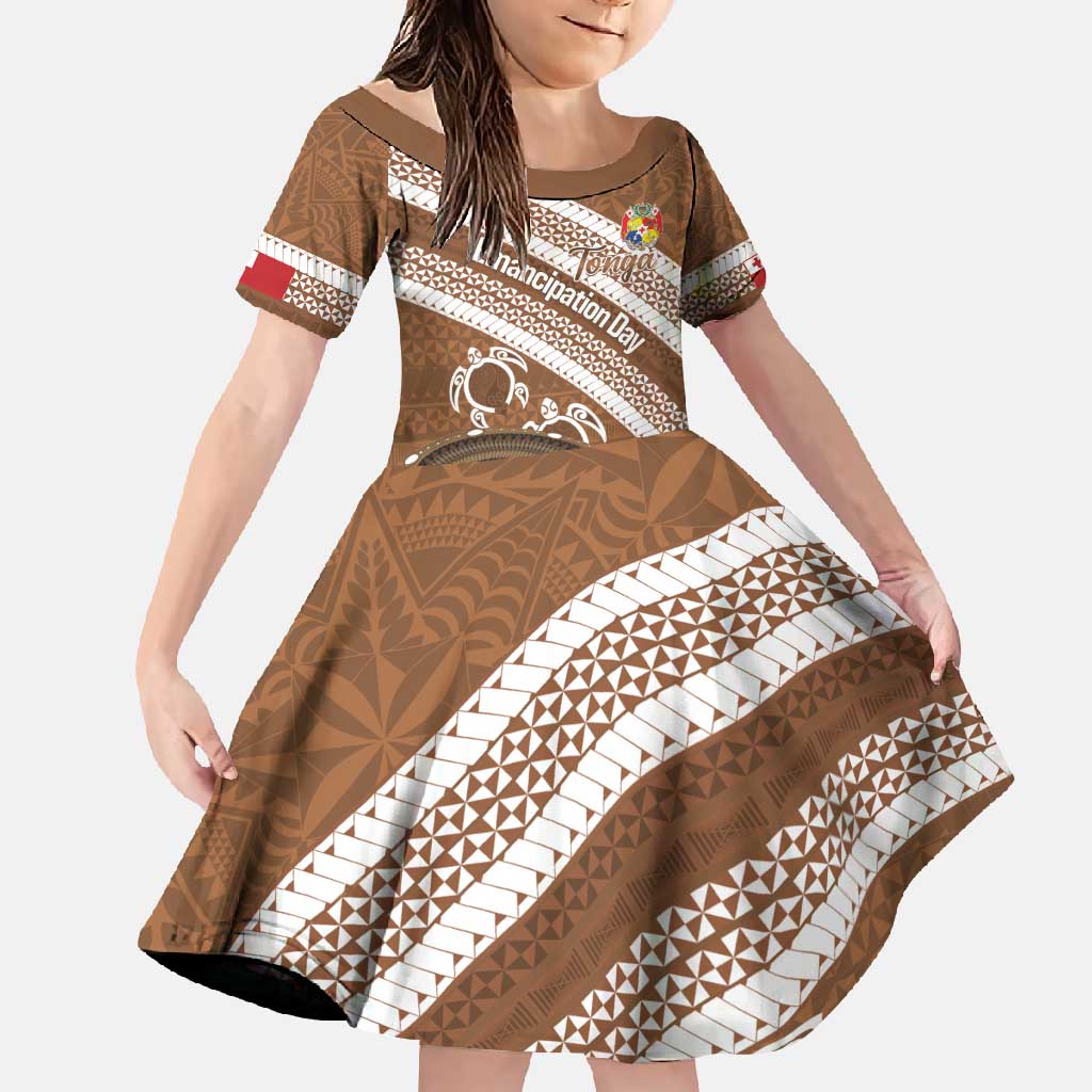 Kingdom Of Tonga Emancipation Day Family Matching Tank Maxi Dress and Hawaiian Shirt Tongan Ngatu With Kumete Brown LT14 Daughter's Dress Brown - Polynesian Pride