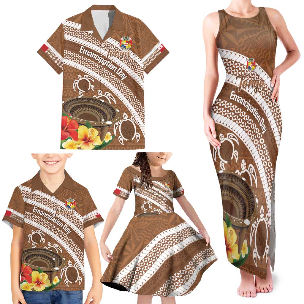 Kingdom Of Tonga Emancipation Day Family Matching Tank Maxi Dress and Hawaiian Shirt Tongan Ngatu With Kumete Brown LT14 - Polynesian Pride