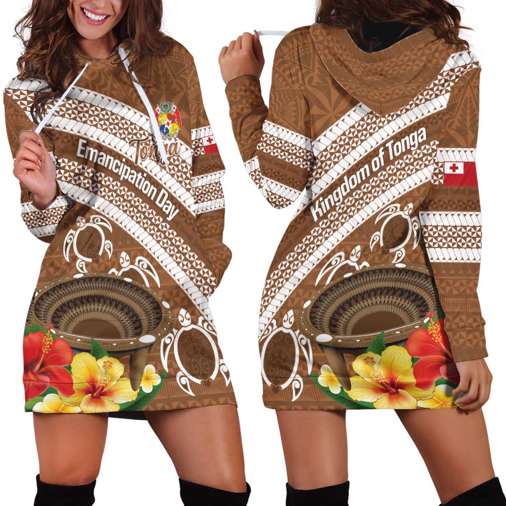 Kingdom Of Tonga Emancipation Day Hoodie Dress Tongan Ngatu With Kumete Brown LT14 - Polynesian Pride