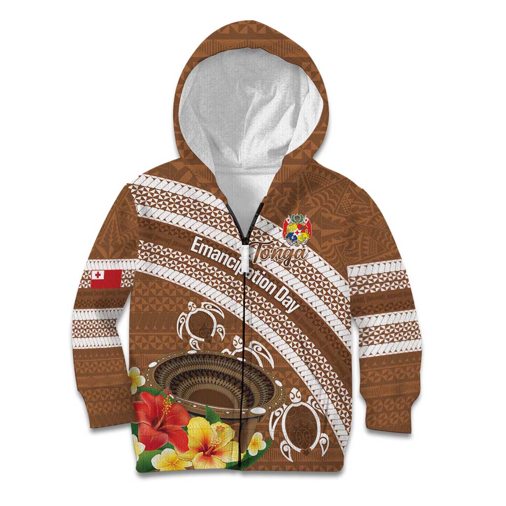 Kingdom Of Tonga Emancipation Day Kid Hoodie Tongan Ngatu With Kumete Brown LT14 Zip Hoodie Brown - Polynesian Pride