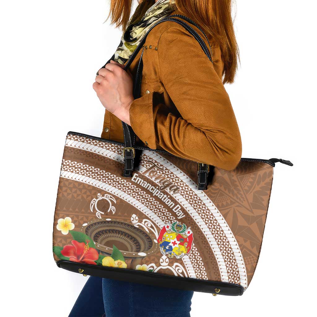 Kingdom Of Tonga Emancipation Day Leather Tote Bag Tongan Ngatu With Kumete Brown LT14 Brown - Polynesian Pride