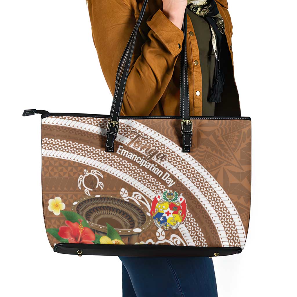 Kingdom Of Tonga Emancipation Day Leather Tote Bag Tongan Ngatu With Kumete Brown LT14 - Polynesian Pride