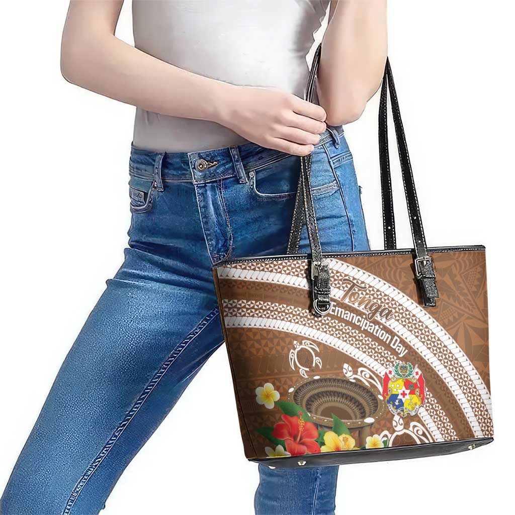 Kingdom Of Tonga Emancipation Day Leather Tote Bag Tongan Ngatu With Kumete Brown LT14 - Polynesian Pride