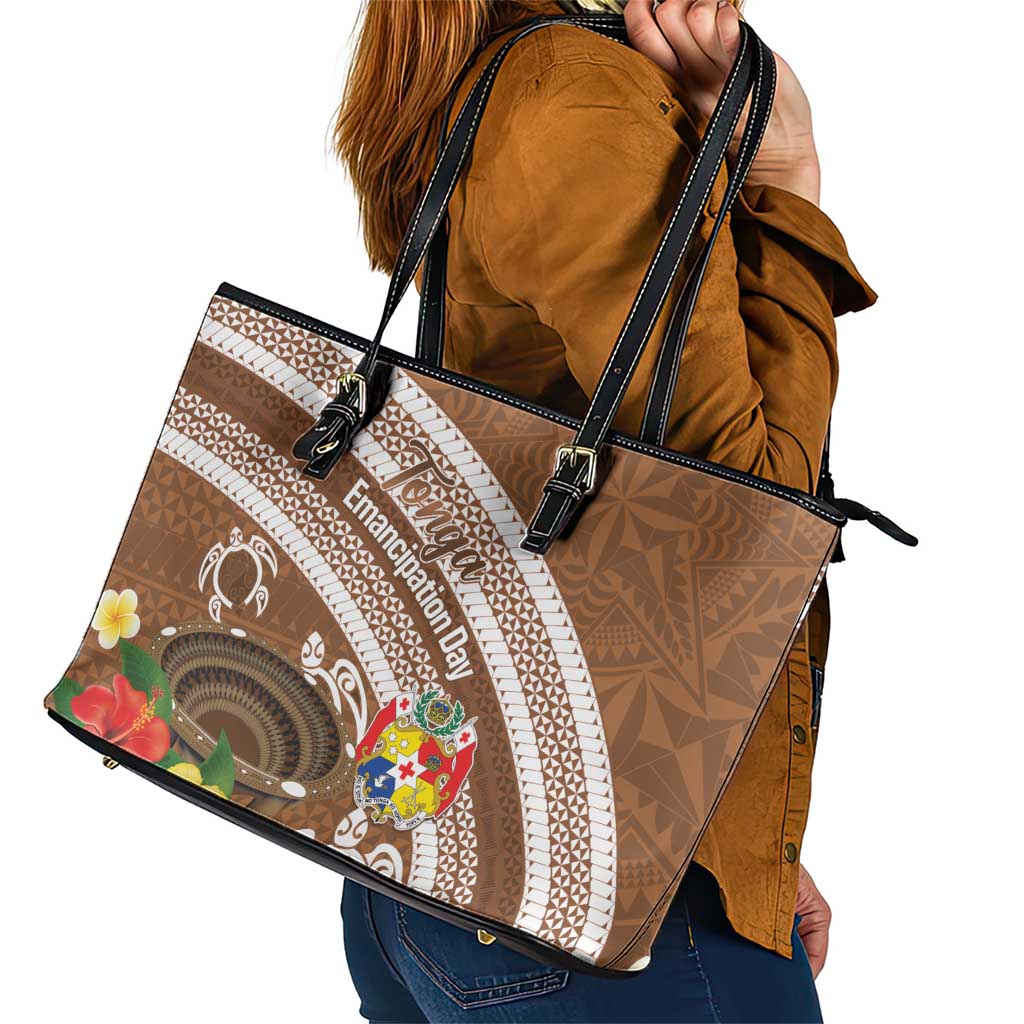 Kingdom Of Tonga Emancipation Day Leather Tote Bag Tongan Ngatu With Kumete Brown LT14 - Polynesian Pride