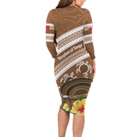 Kingdom Of Tonga Emancipation Day Long Sleeve Bodycon Dress Tongan Ngatu With Kumete Brown LT14 - Polynesian Pride