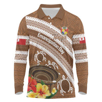 Kingdom Of Tonga Emancipation Day Long Sleeve Polo Shirt Tongan Ngatu With Kumete Brown LT14 Brown - Polynesian Pride