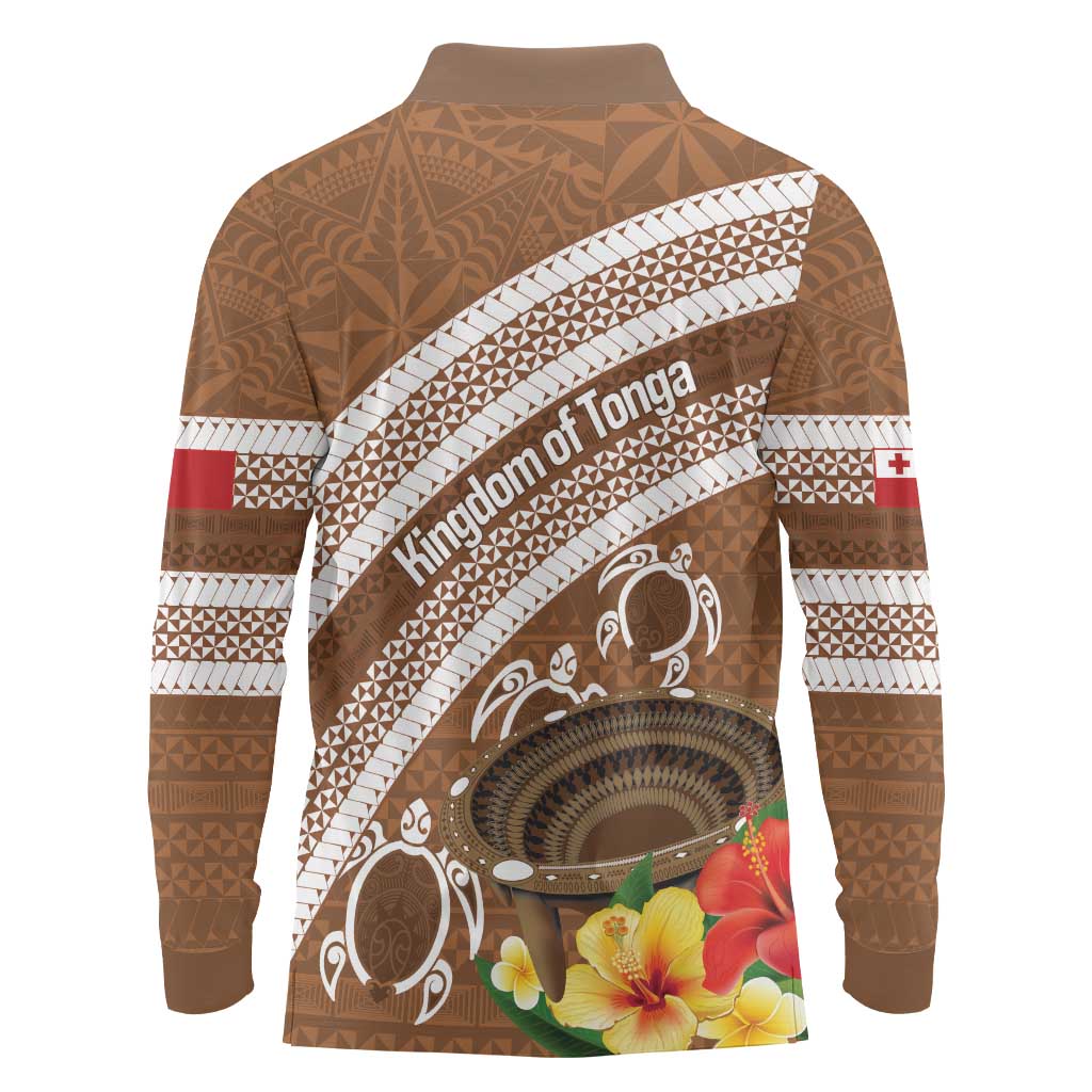 Kingdom Of Tonga Emancipation Day Long Sleeve Polo Shirt Tongan Ngatu With Kumete Brown LT14 - Polynesian Pride