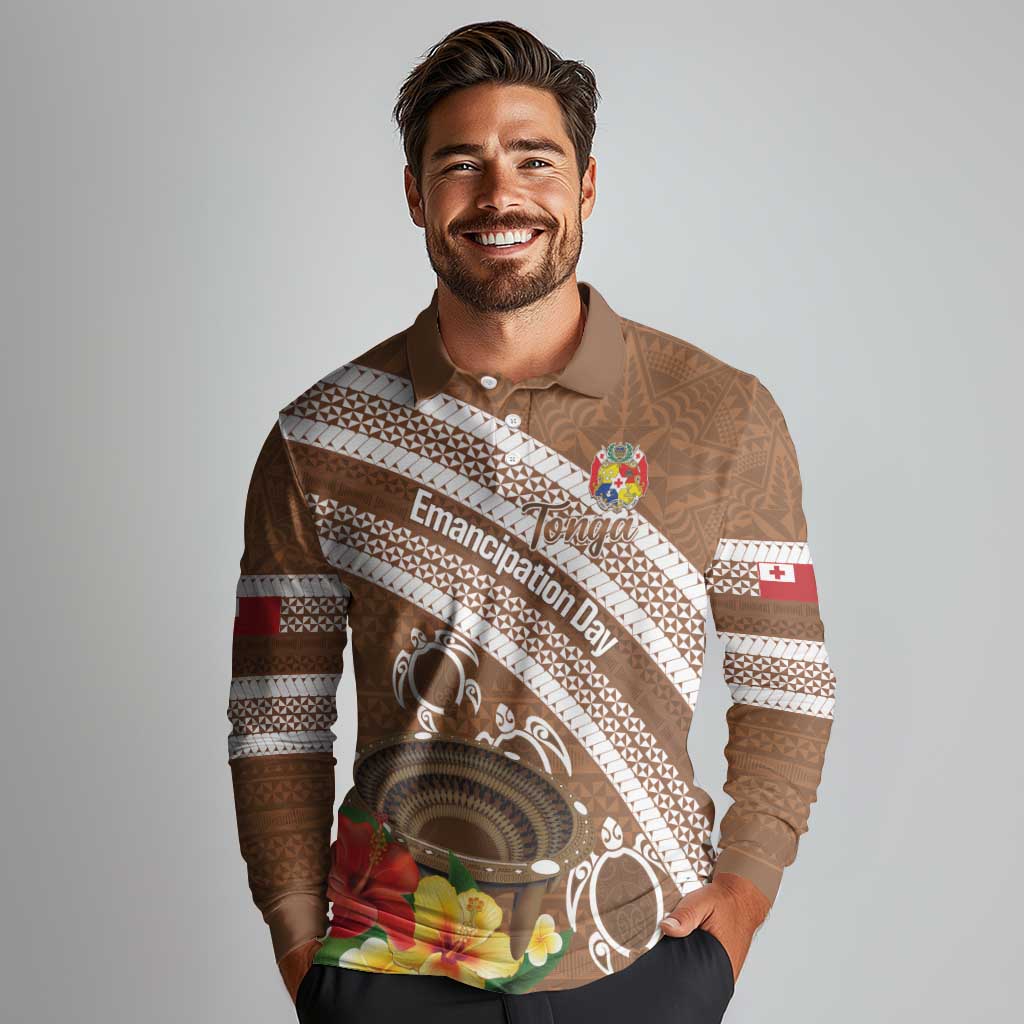 Kingdom Of Tonga Emancipation Day Long Sleeve Polo Shirt Tongan Ngatu With Kumete Brown LT14 - Polynesian Pride