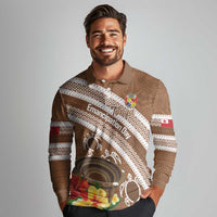 Kingdom Of Tonga Emancipation Day Long Sleeve Polo Shirt Tongan Ngatu With Kumete Brown LT14 - Polynesian Pride