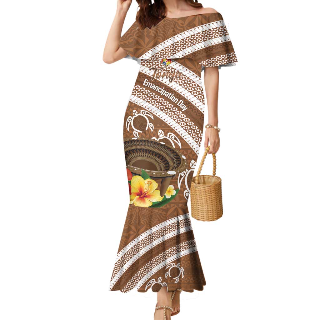 Kingdom Of Tonga Emancipation Day Mermaid Dress Tongan Ngatu With Kumete Brown LT14 Women Brown - Polynesian Pride