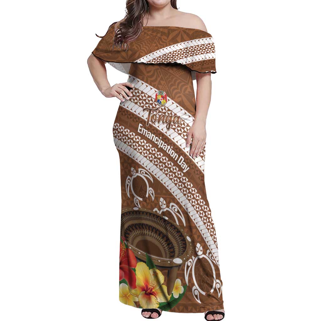 Kingdom Of Tonga Emancipation Day Off Shoulder Maxi Dress Tongan Ngatu With Kumete Brown LT14 Women Brown - Polynesian Pride