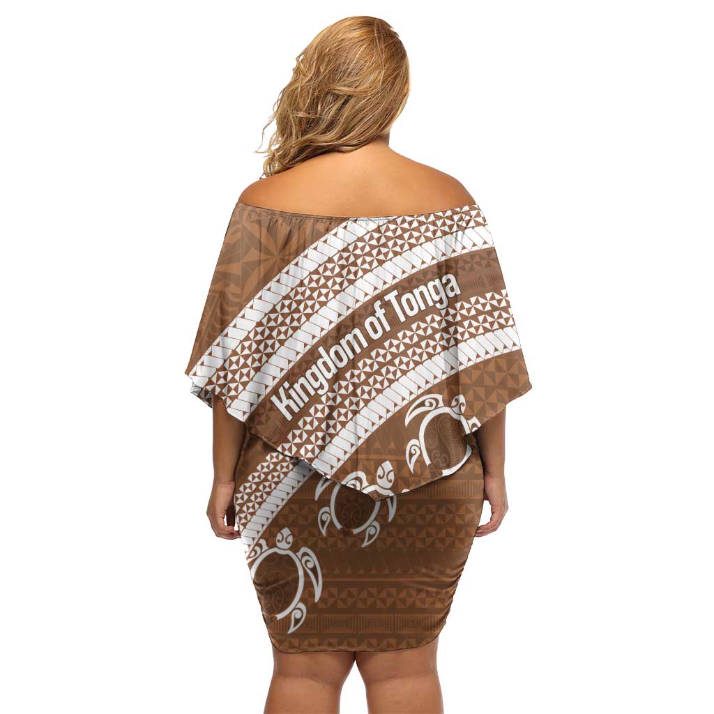 Kingdom Of Tonga Emancipation Day Off Shoulder Short Dress Tongan Ngatu With Kumete Brown LT14 - Polynesian Pride