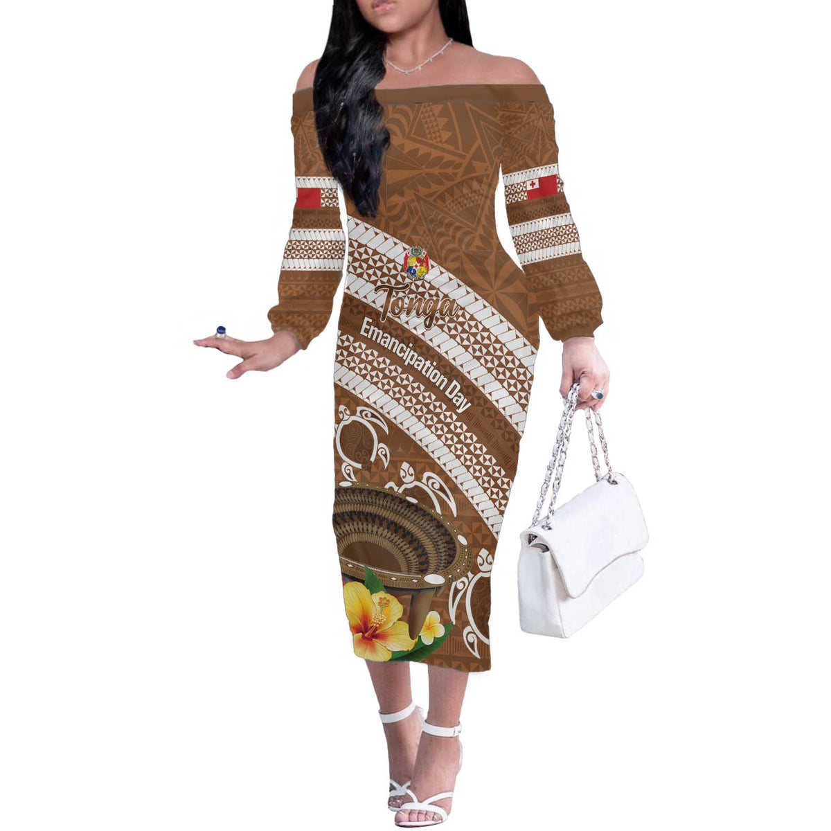 Kingdom Of Tonga Emancipation Day Off The Shoulder Long Sleeve Dress Tongan Ngatu With Kumete Brown LT14 Women Brown - Polynesian Pride