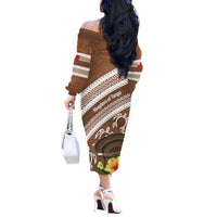 Kingdom Of Tonga Emancipation Day Off The Shoulder Long Sleeve Dress Tongan Ngatu With Kumete Brown LT14 - Polynesian Pride