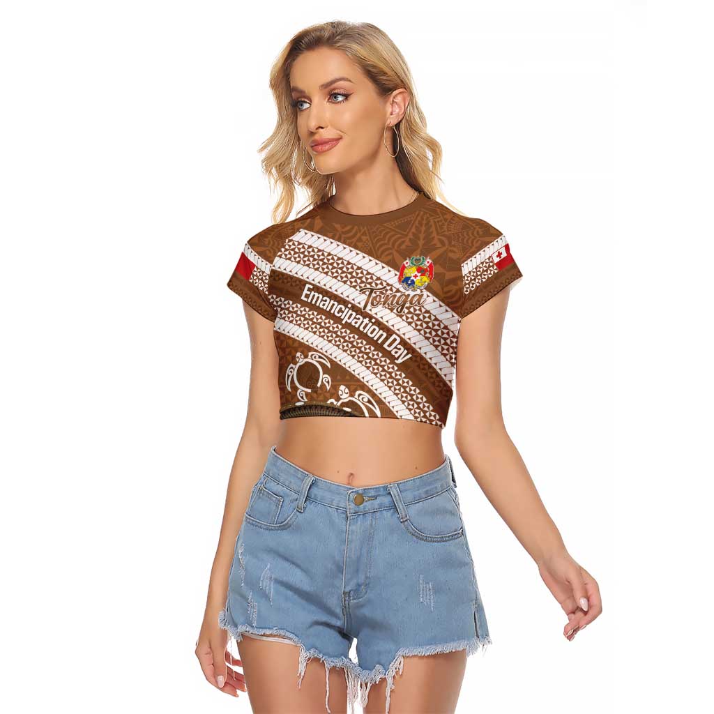 Kingdom Of Tonga Emancipation Day Raglan Cropped T Shirt Tongan Ngatu With Kumete Brown LT14 Female Brown - Polynesian Pride