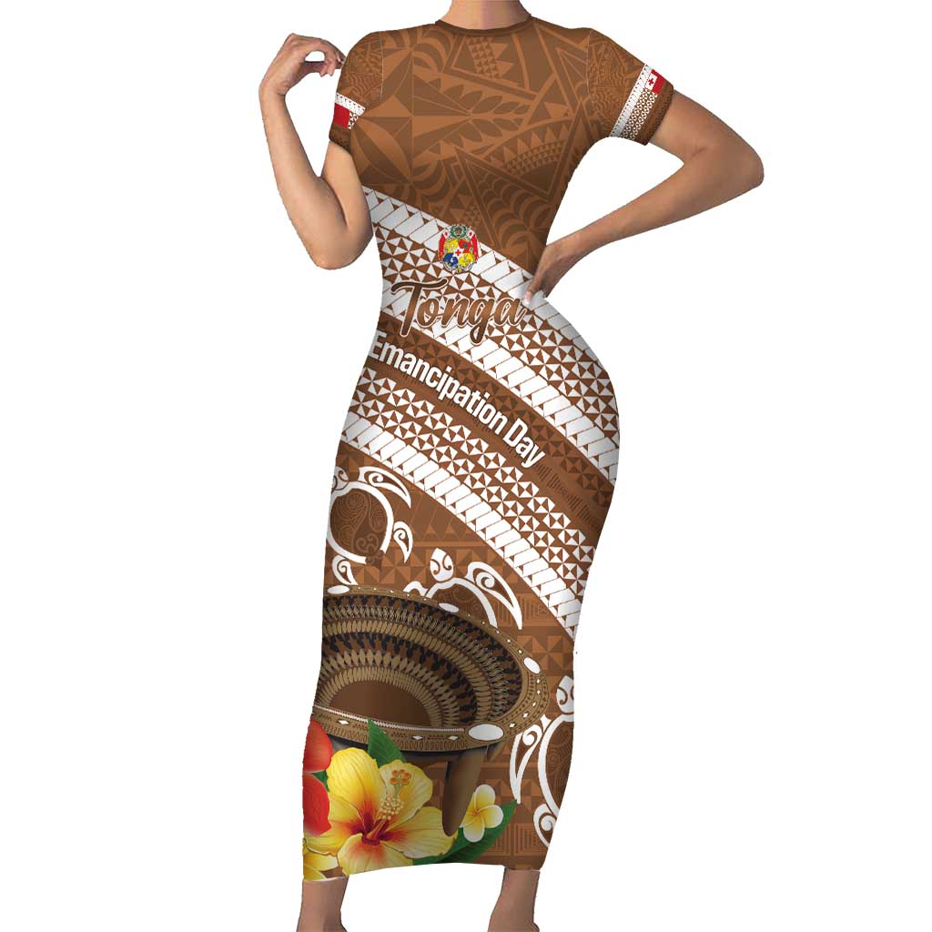 Kingdom Of Tonga Emancipation Day Short Sleeve Bodycon Dress Tongan Ngatu With Kumete Brown LT14 Long Dress Brown - Polynesian Pride