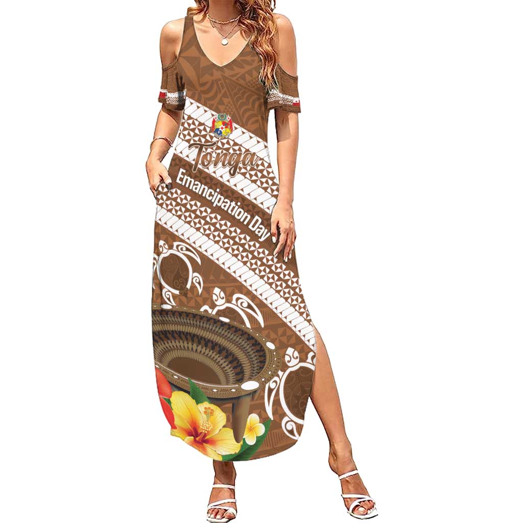 Kingdom Of Tonga Emancipation Day Summer Maxi Dress Tongan Ngatu With Kumete Brown LT14 Women Brown - Polynesian Pride