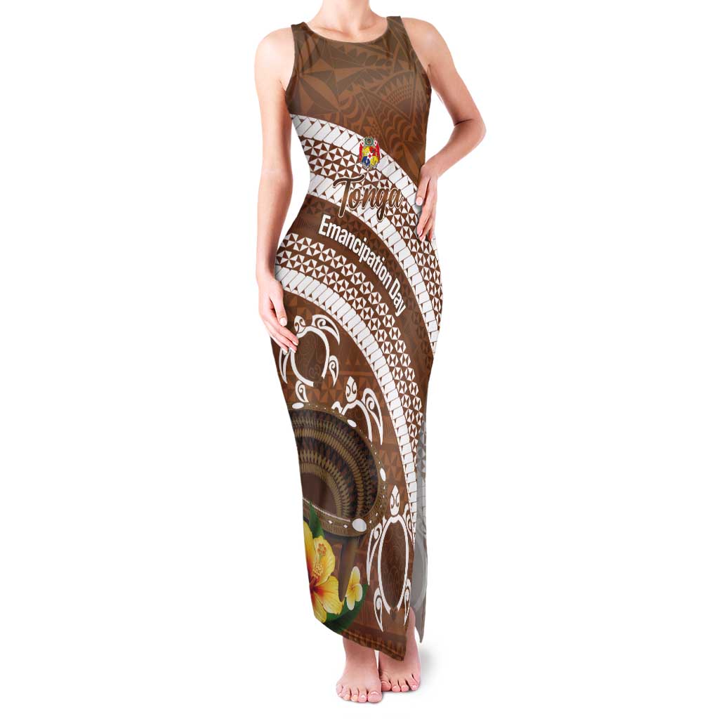 Kingdom Of Tonga Emancipation Day Tank Maxi Dress Tongan Ngatu With Kumete Brown LT14 Women Brown - Polynesian Pride
