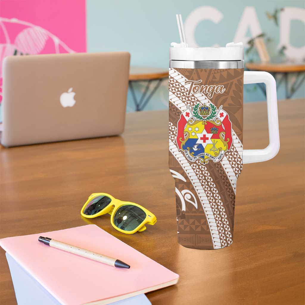 Kingdom Of Tonga Emancipation Day Tumbler With Handle Tongan Ngatu With Kumete Brown LT14 - Polynesian Pride