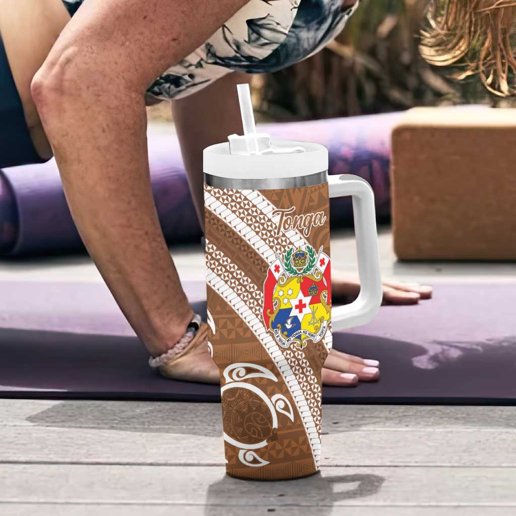 Kingdom Of Tonga Emancipation Day Tumbler With Handle Tongan Ngatu With Kumete Brown LT14 - Polynesian Pride