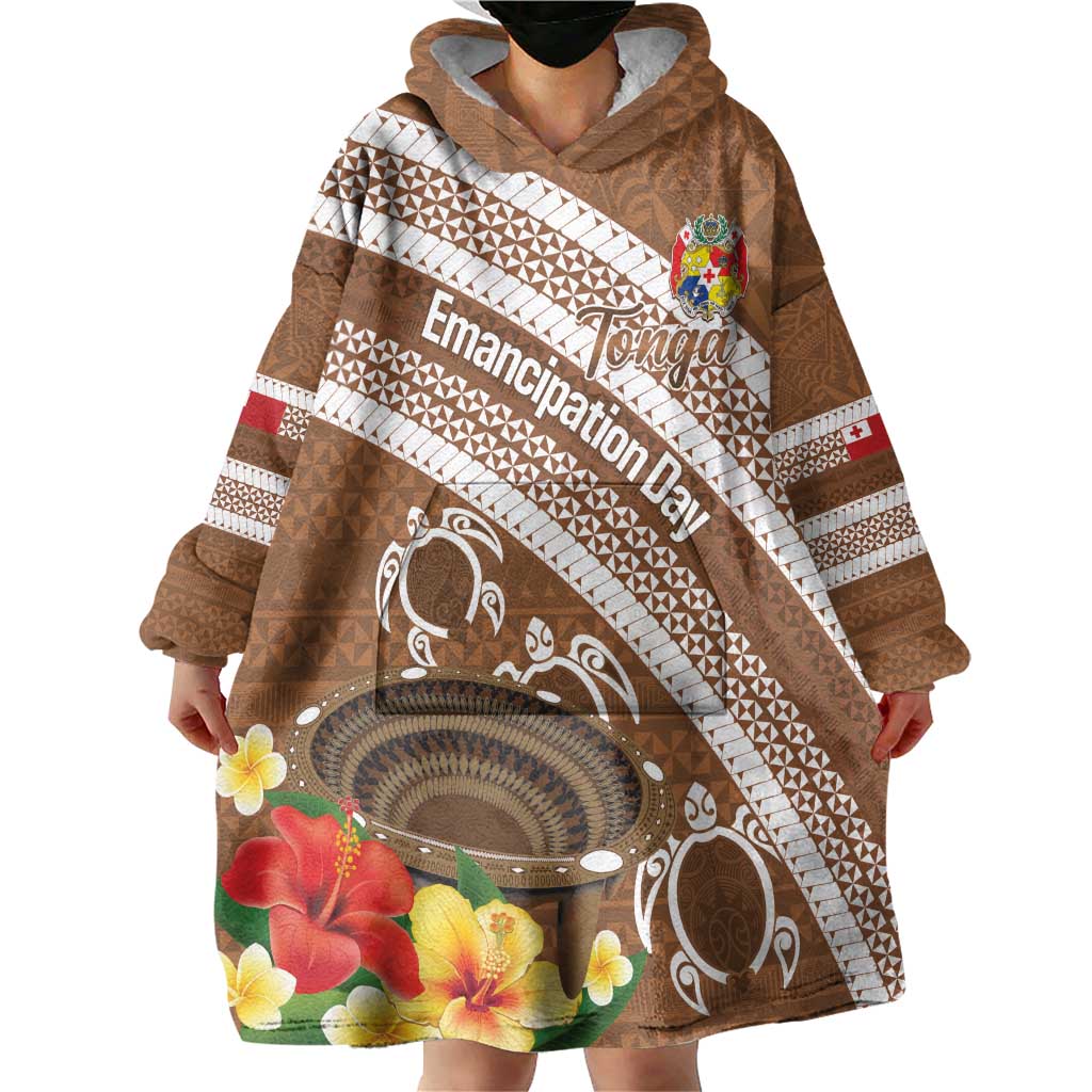 Kingdom Of Tonga Emancipation Day Wearable Blanket Hoodie Tongan Ngatu With Kumete Brown LT14 - Polynesian Pride