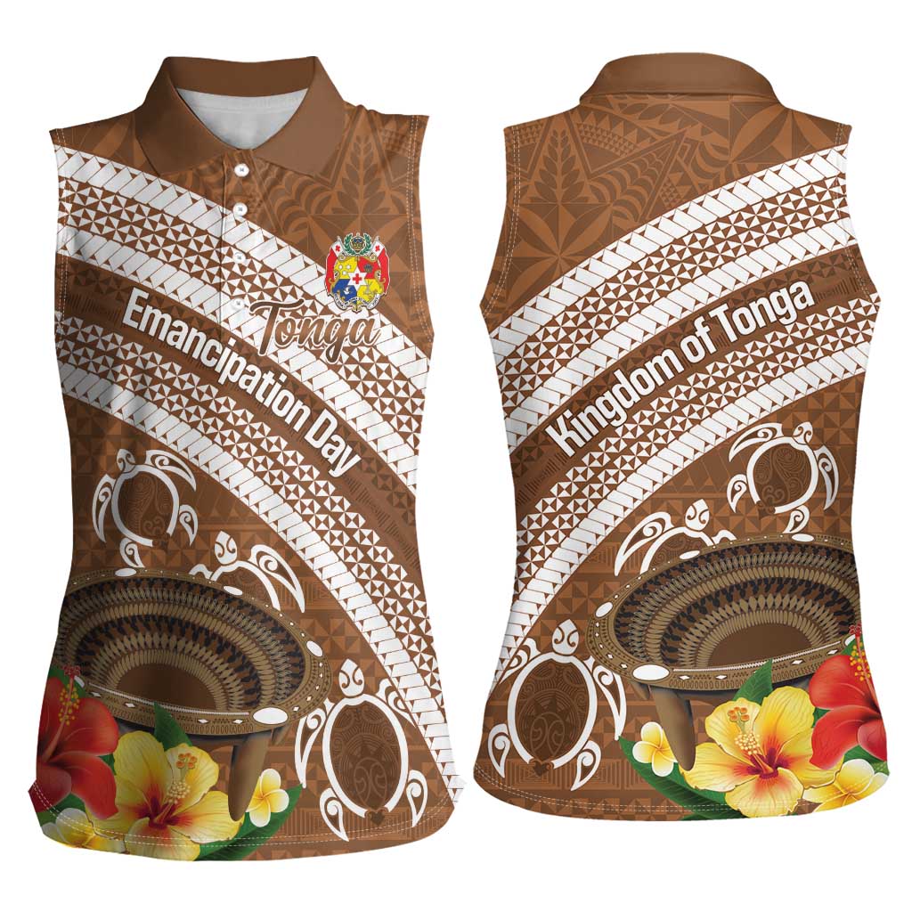 Kingdom Of Tonga Emancipation Day Women Sleeveless Polo Shirt Tongan Ngatu With Kumete Brown LT14 - Polynesian Pride