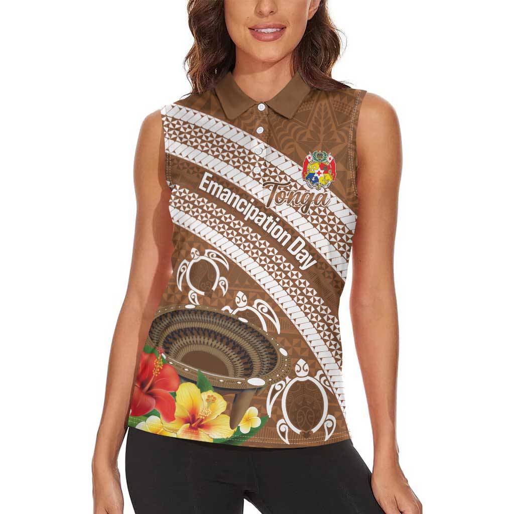 Kingdom Of Tonga Emancipation Day Women Sleeveless Polo Shirt Tongan Ngatu With Kumete Brown LT14 - Polynesian Pride