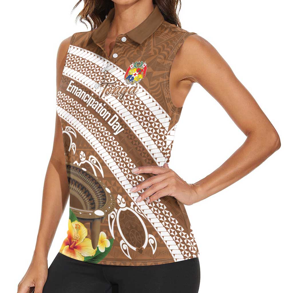 Kingdom Of Tonga Emancipation Day Women Sleeveless Polo Shirt Tongan Ngatu With Kumete Brown LT14 - Polynesian Pride