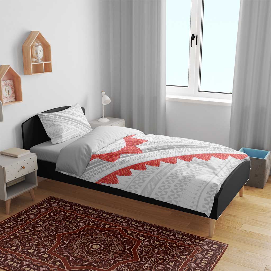 Tonga White Sunday Bedding Set Heilala Flowers Tongan Ngatu Pattern