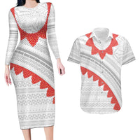 Tonga White Sunday Couples Matching Long Sleeve Bodycon Dress and Hawaiian Shirt Heilala Flowers Tongan Ngatu Pattern LT14 White - Polynesian Pride