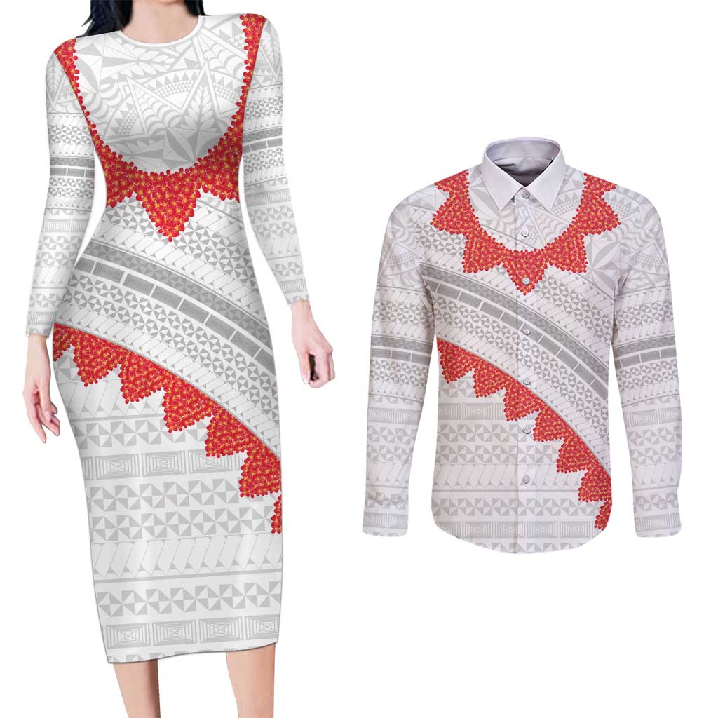 Tonga White Sunday Couples Matching Long Sleeve Bodycon Dress and Long Sleeve Button Shirt Heilala Flowers Tongan Ngatu Pattern LT14 White - Polynesian Pride