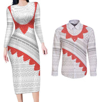 Tonga White Sunday Couples Matching Long Sleeve Bodycon Dress and Long Sleeve Button Shirt Heilala Flowers Tongan Ngatu Pattern LT14 White - Polynesian Pride