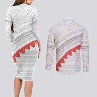 Tonga White Sunday Couples Matching Long Sleeve Bodycon Dress and Long Sleeve Button Shirt Heilala Flowers Tongan Ngatu Pattern LT14 - Polynesian Pride
